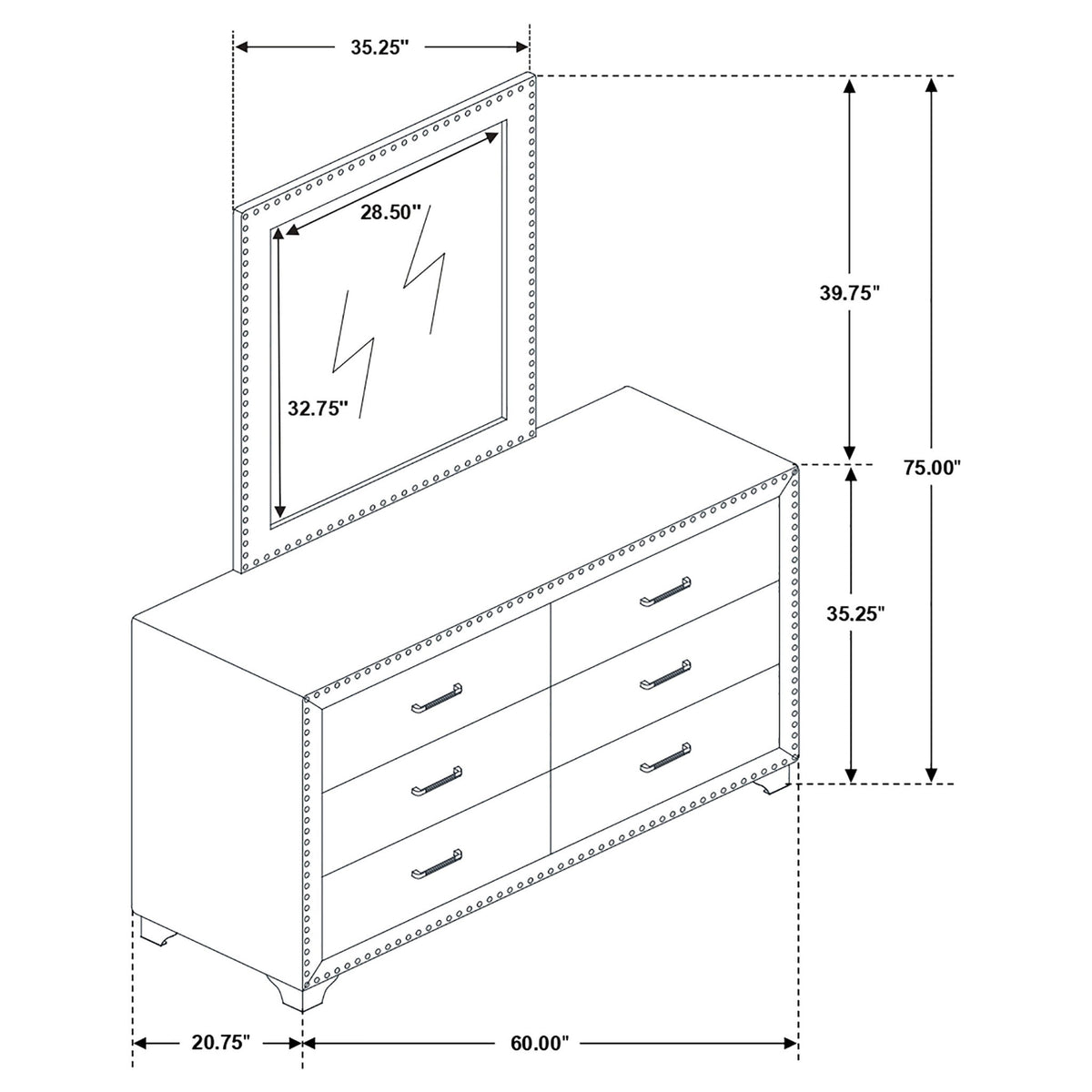 Upholstered dresser with mirror, front view dimensions for 6 drawers