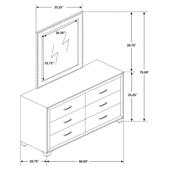 Upholstered dresser with mirror, front view dimensions for 6 drawers