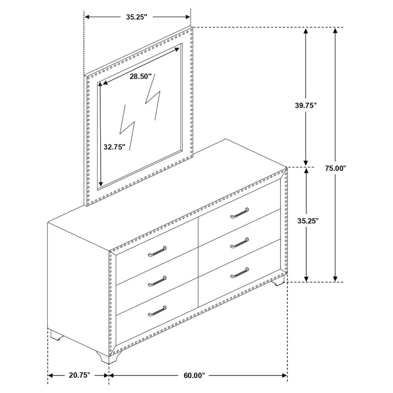 Upholstered dresser with mirror, front view dimensions for 6 drawers