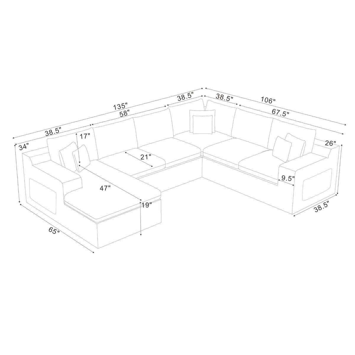 White layout diagram of U-shaped sectional sofa with labeled dimensions