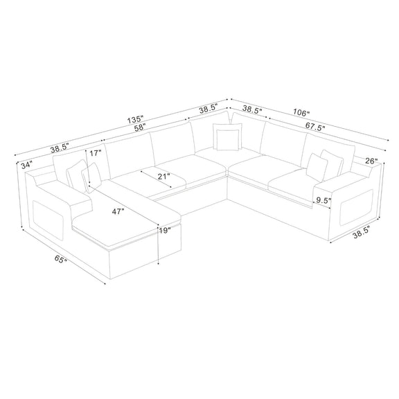 White layout diagram of U-shaped sectional sofa with labeled dimensions