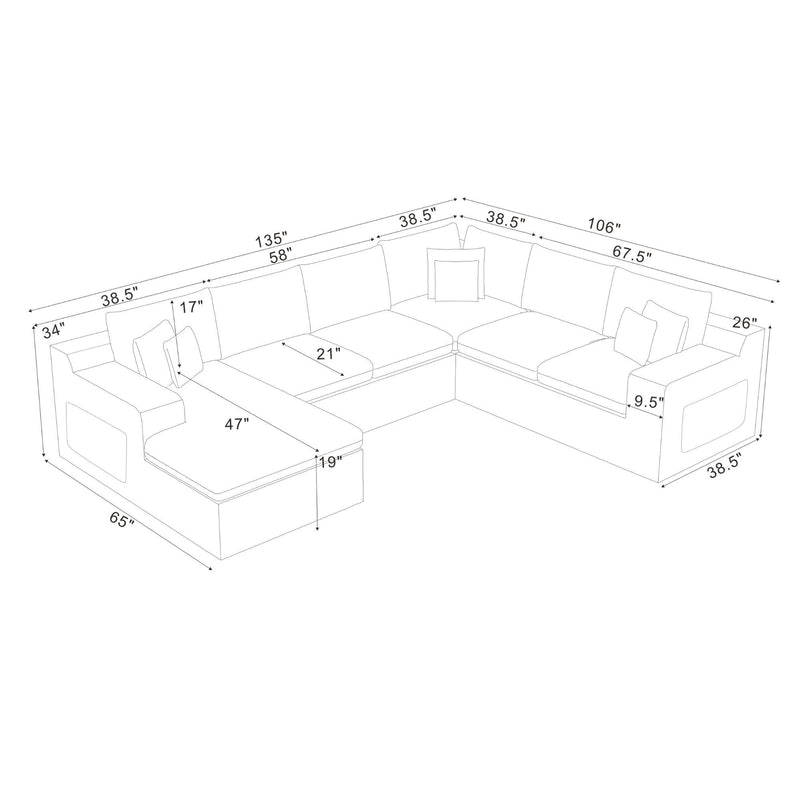 White layout diagram of U-shaped sectional sofa with labeled dimensions