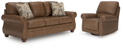 Living room set with dark brown sofa and recliner, curved arms, patterned accent pillows