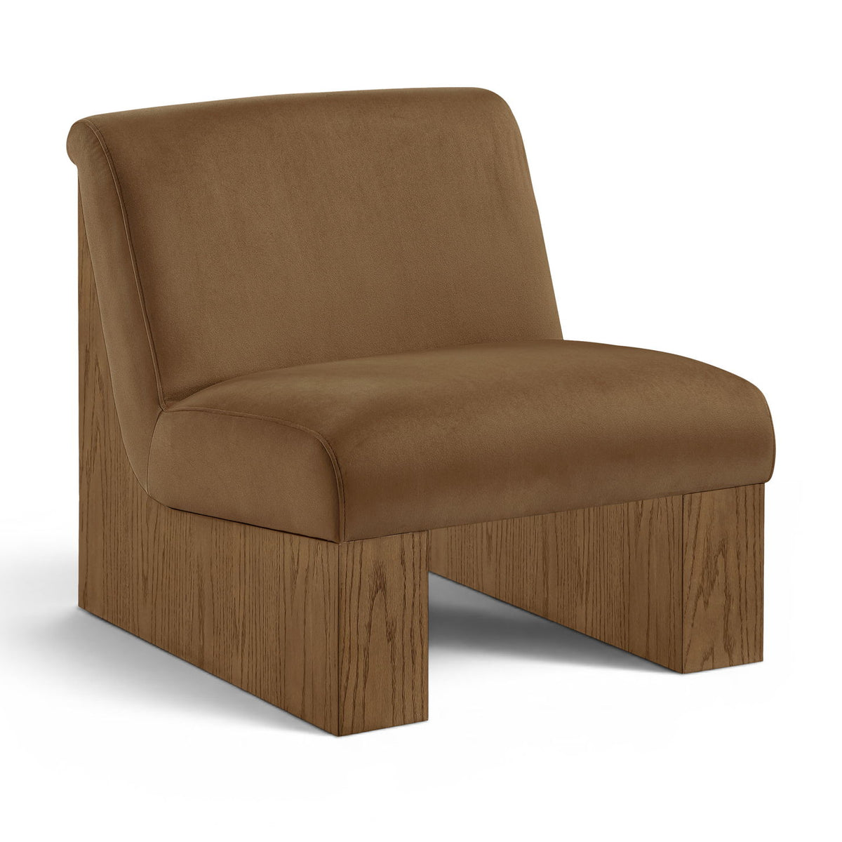 Velvet accent chair with brown fabric and walnut-toned wood legs, compact square base.