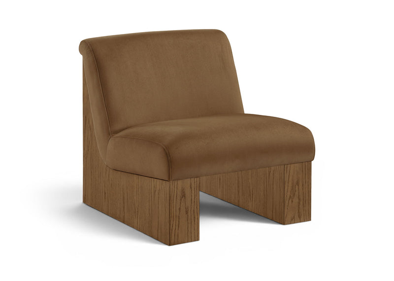 Velvet accent chair with brown fabric and walnut-toned wood legs, compact square base.