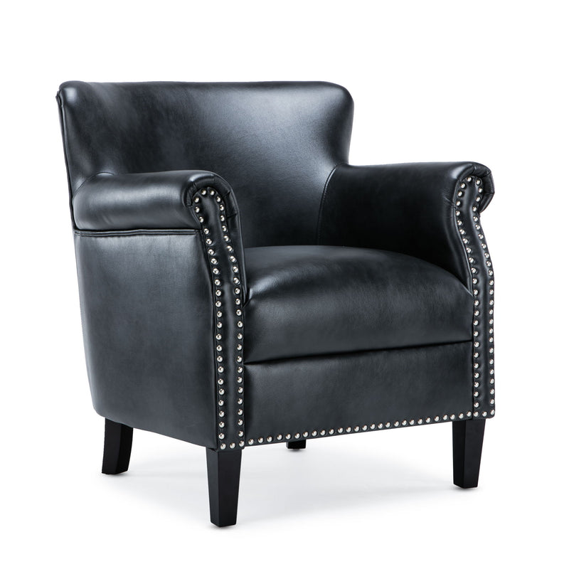 Black club chair with studded arms and nailhead trim, cushioned seat and dark legs