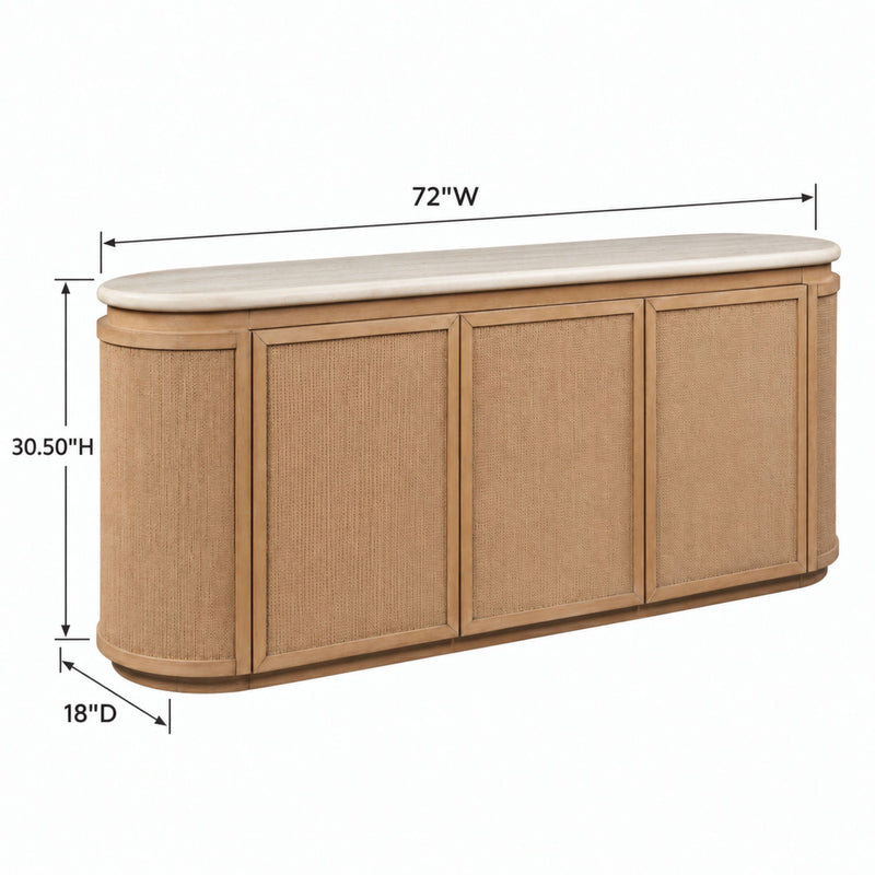 Beige media cabinet with three front doors; 72in W x 30.50in H x 18in D