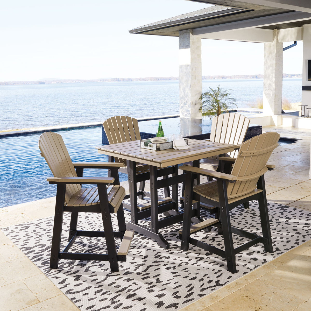 Counter dining set: black table with driftwood slat top and four slat chairs
