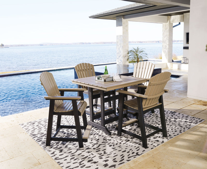 Counter dining set: black table with driftwood slat top and four slat chairs