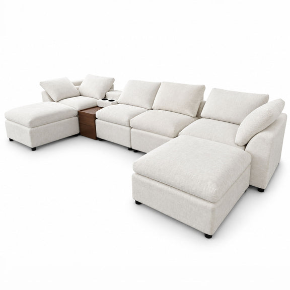 White modular sectional sofa with storage console, chaise ottoman and square pillows