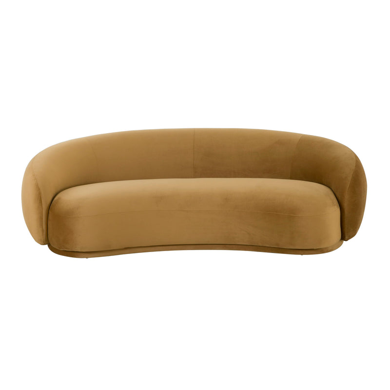 Velvet sofa in tan with rounded back, low profile, and smooth upholstered finish