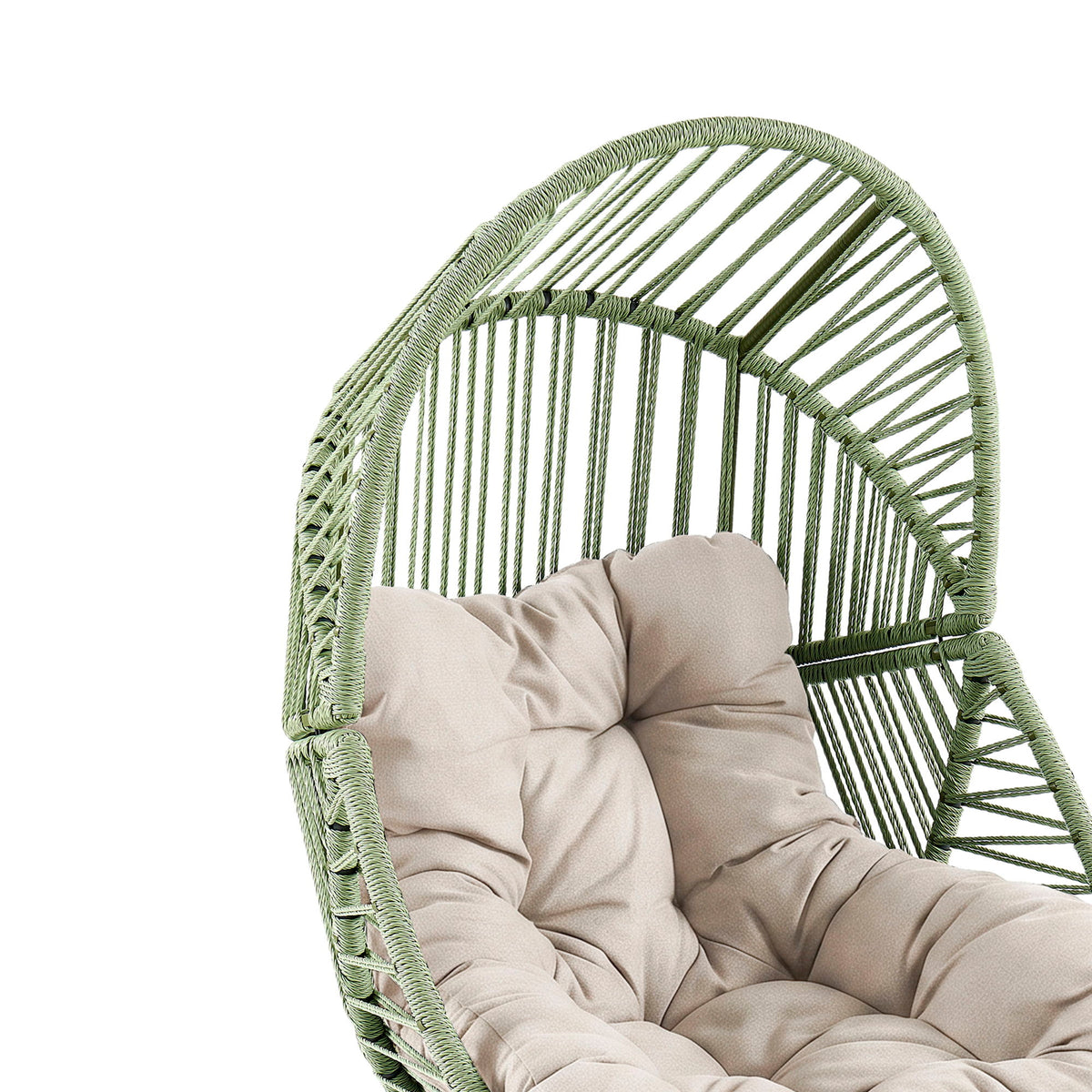 Green rattan lounge chair with beige seat cushion and tufted back