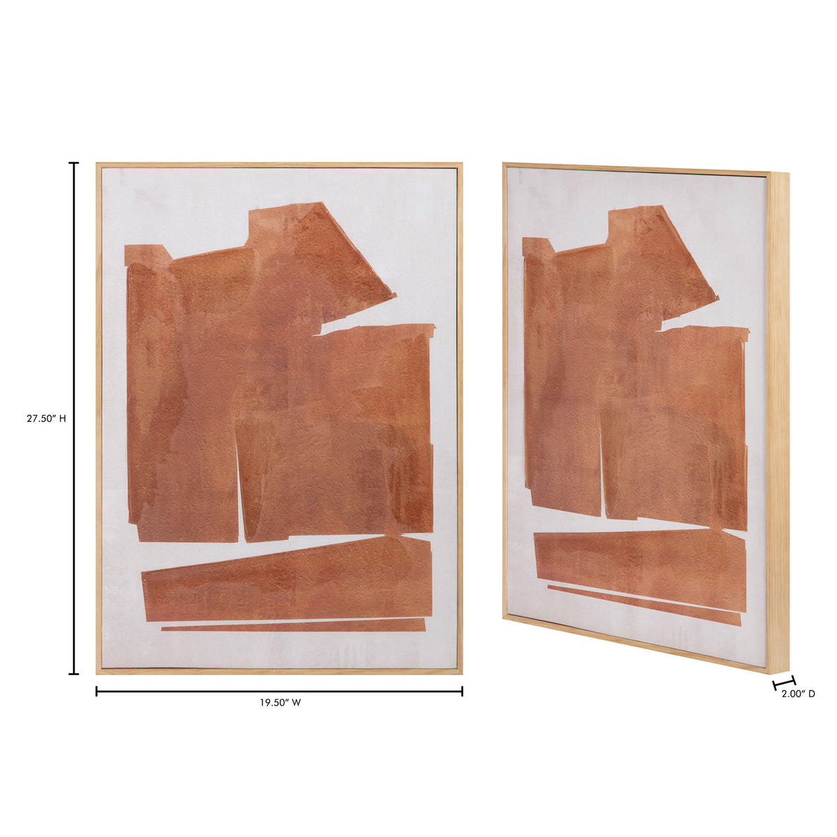 Two framed abstract paintings with terracotta blocks and white accents, light wood frames