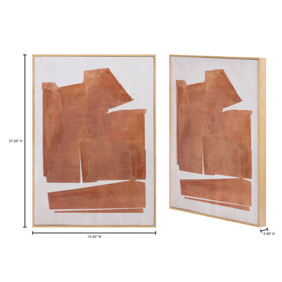 Two framed abstract paintings with terracotta blocks and white accents, light wood frames