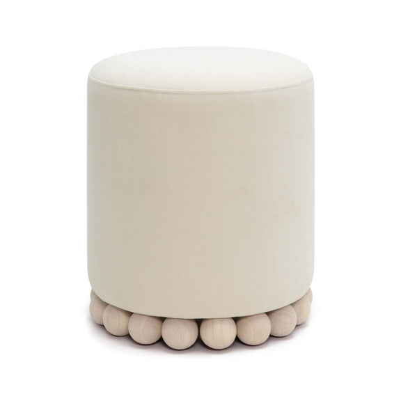 White upholstered fabric ottoman with rounded wooden ball base