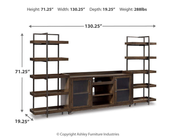 Dark brown TV stand with side shelving, cabinet doors, and faux fireplace insert