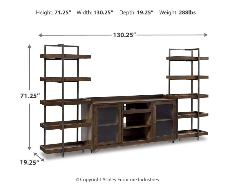 Dark brown TV stand with side shelving, cabinet doors, and faux fireplace insert