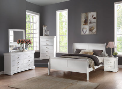 White sleigh bed with dresser, mirror, and nightstand