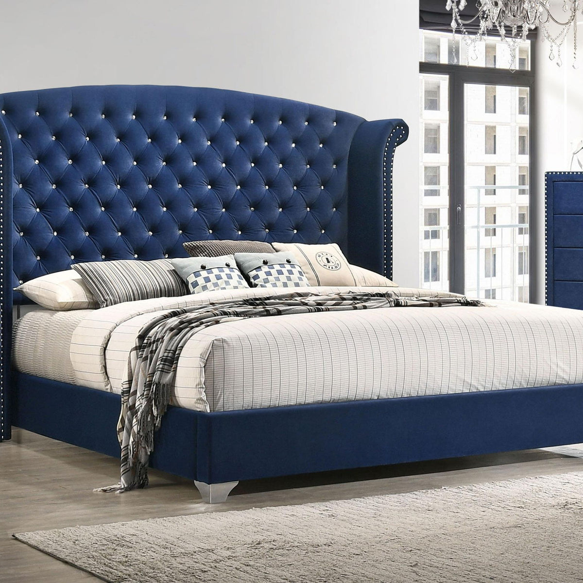 Melody Upholstered Eastern King Wingback Bed Pacific Blue