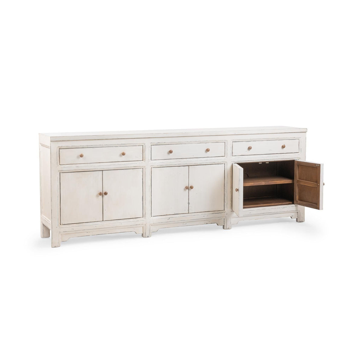 Coastal cream sideboard cabinet with 3 drawers and open door revealing interior shelves