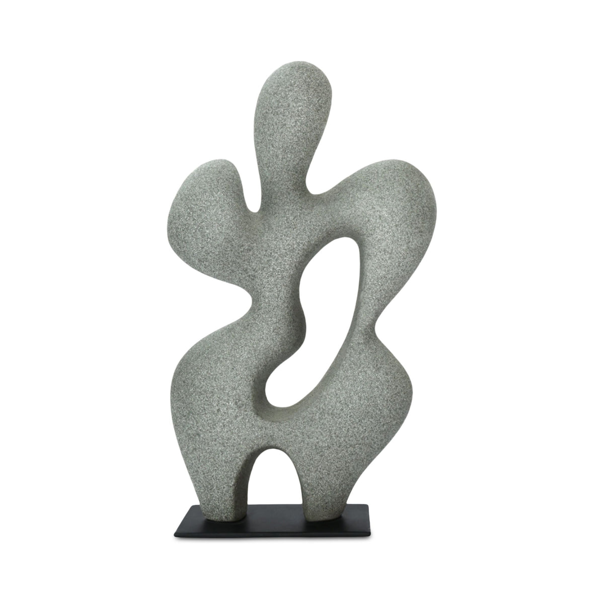 Charcoal gray abstract sculpture with wavy cutout shapes on black base, front view