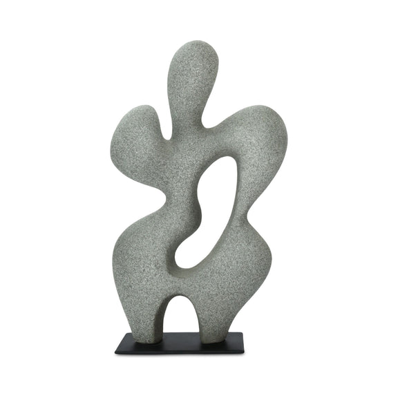 Charcoal gray abstract sculpture with wavy cutout shapes on black base, front view