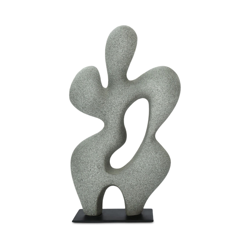 Charcoal gray abstract sculpture with wavy cutout shapes on black base, front view