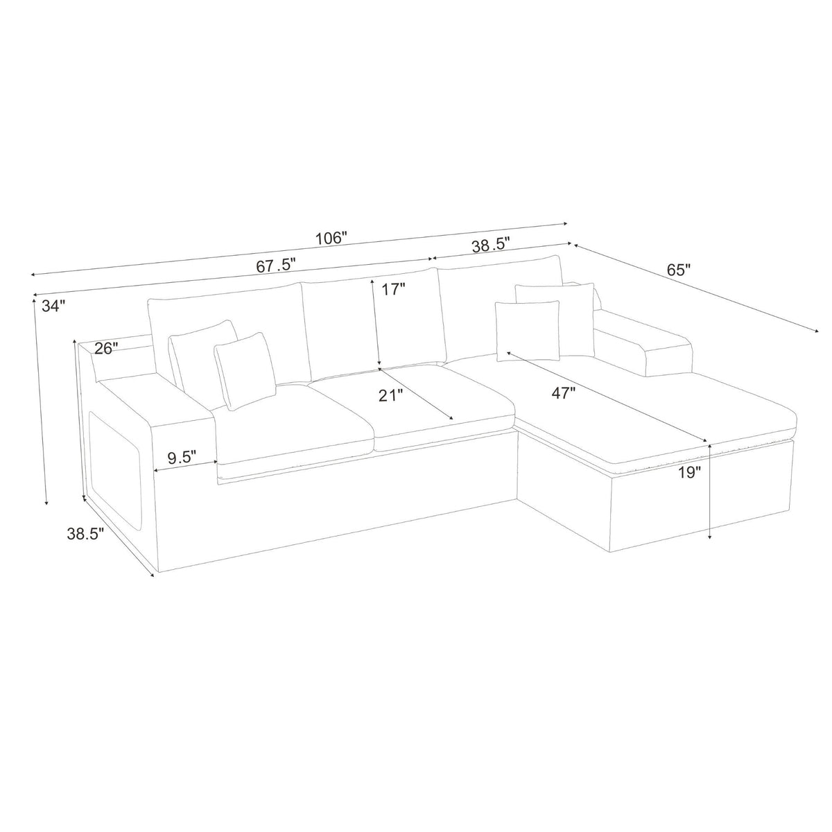 White dimensional diagram of U-shaped sectional sofa with labeled measurements