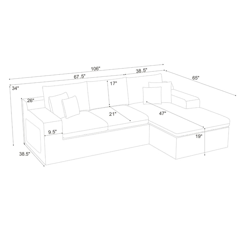 White dimensional diagram of U-shaped sectional sofa with labeled measurements