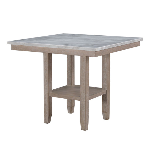Square natural wood bar table with top, legs, and lower shelf
