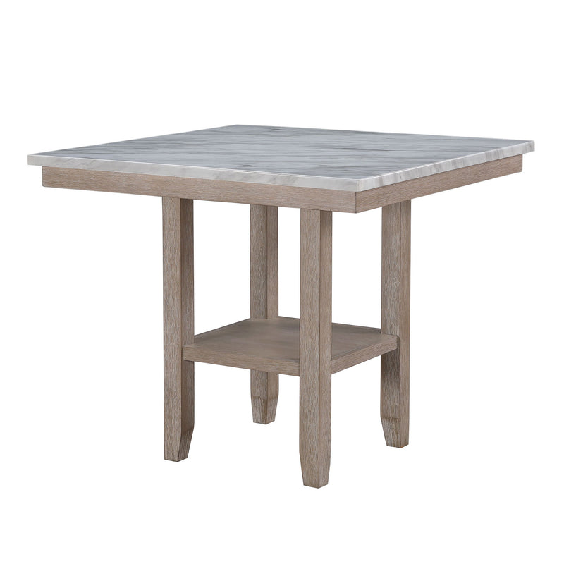 Square natural wood bar table with top, legs, and lower shelf