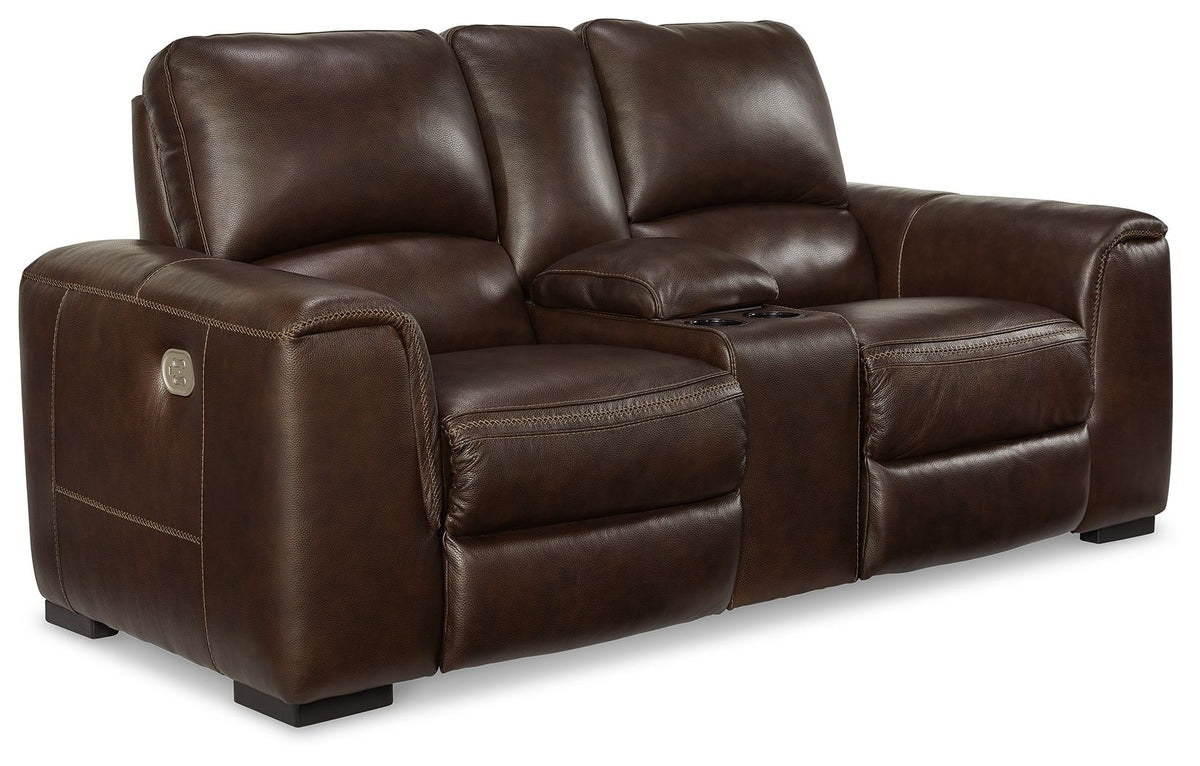 Brown leather loveseat with padded arms and reclining back cushions