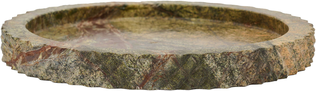 Green genuine marble tray with mottled veining and textured rim.