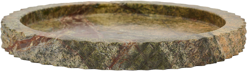 Green genuine marble tray with mottled veining and textured rim.
