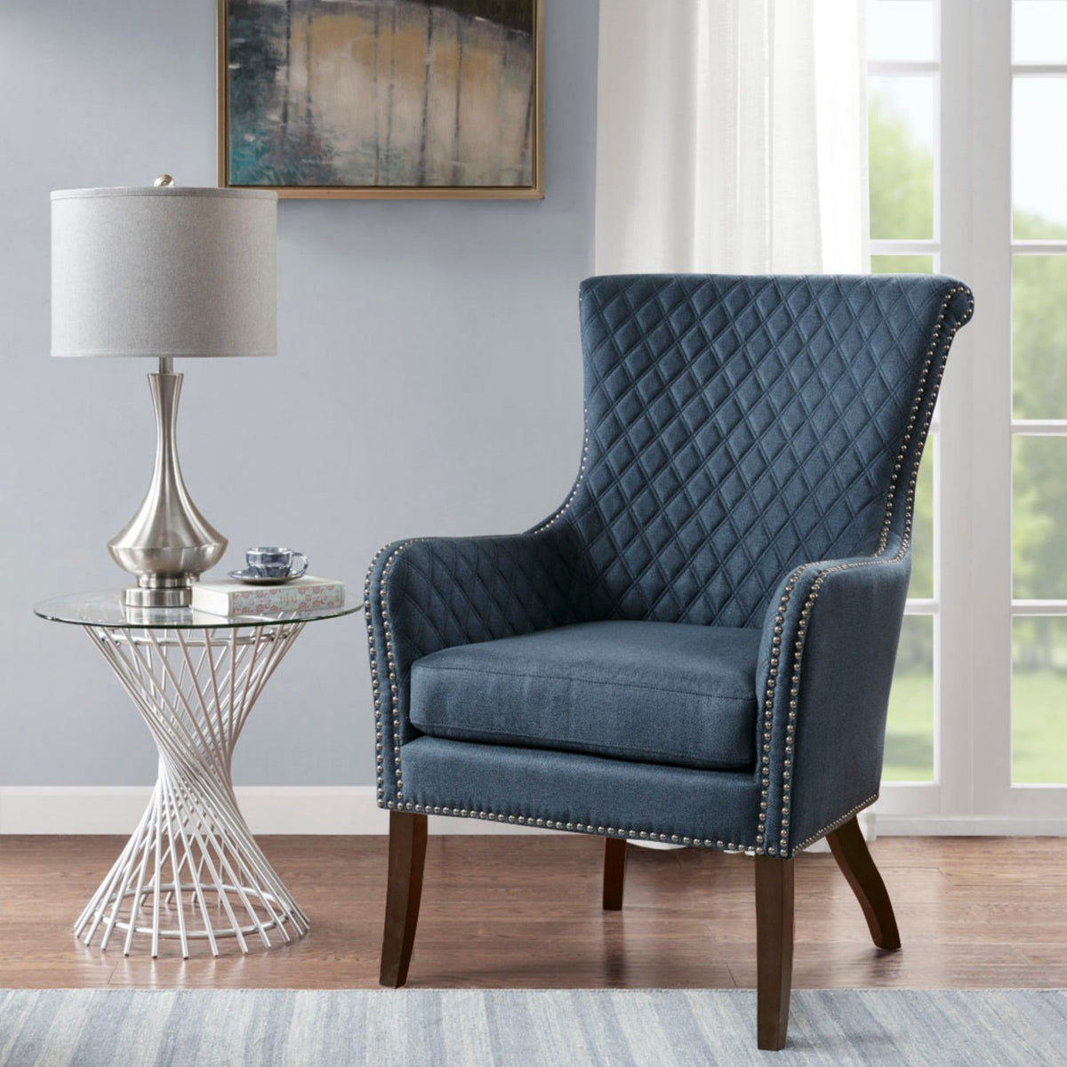 Modern Accent Chair With Quilted Back And Silver Studs - Dark Blue