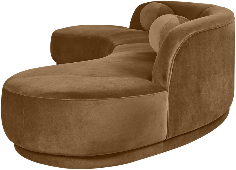 Light brown velvet accent sectional with deep seat and rounded arm detail
