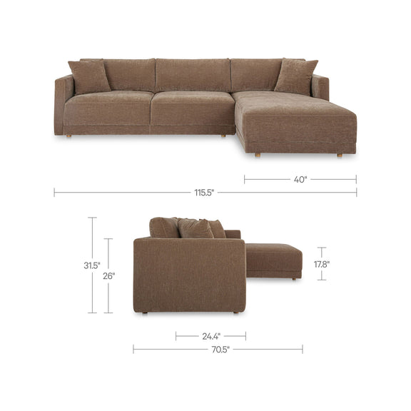 Sectional sofa with right chaise, back cushions, and labeled size measurements