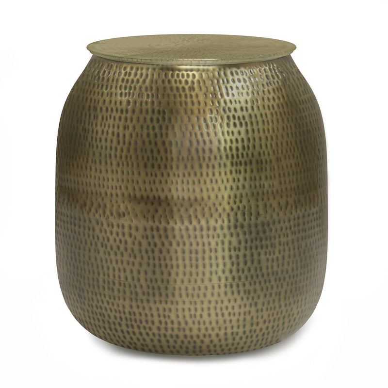 Griffen gold-toned metal storage accent table with textured drum body and flat round lid