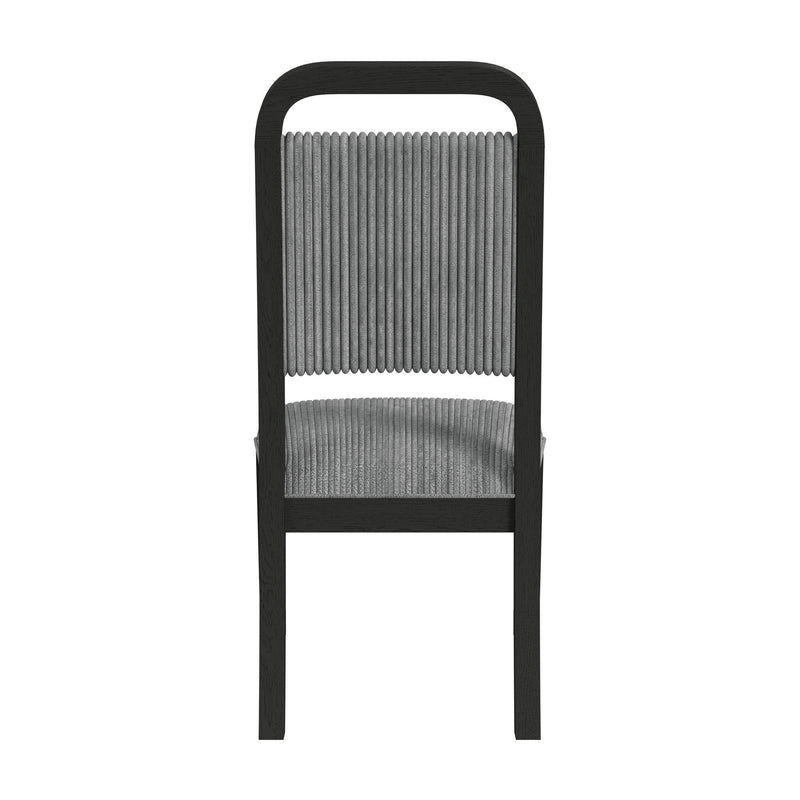 Black dining chair with ribbed backrest and gray fabric seat cushion