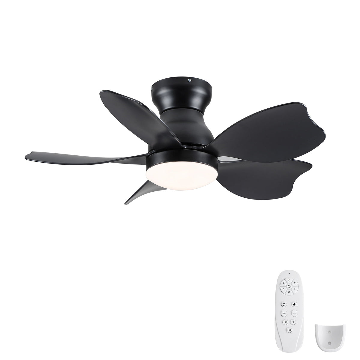 Low profile flush mount ceiling fan with light, black finish; includes remote control.