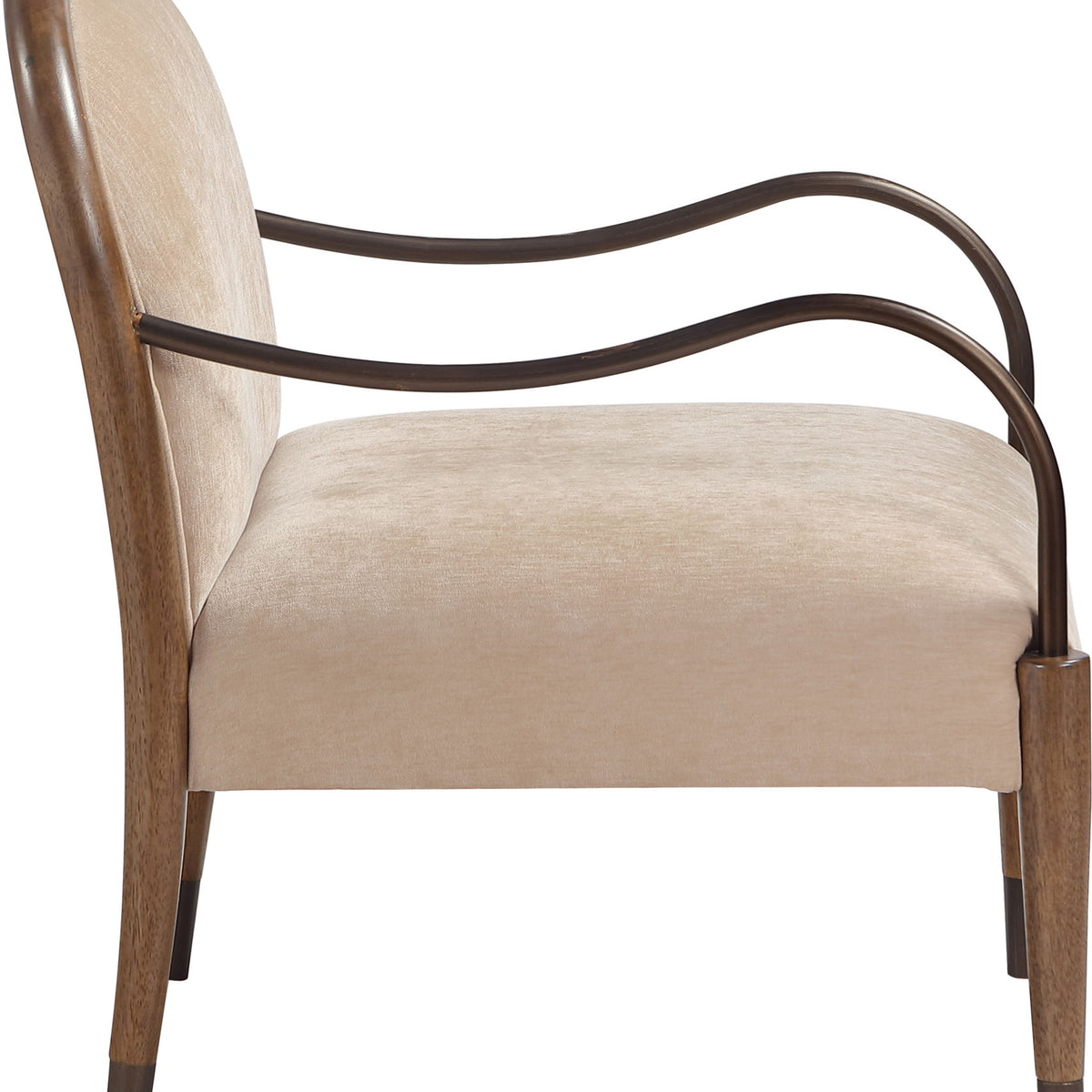 Beige fabric-upholstered accent chair side view with curved metal arms and wooden legs