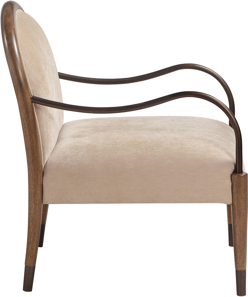 Beige fabric-upholstered accent chair side view with curved metal arms and wooden legs