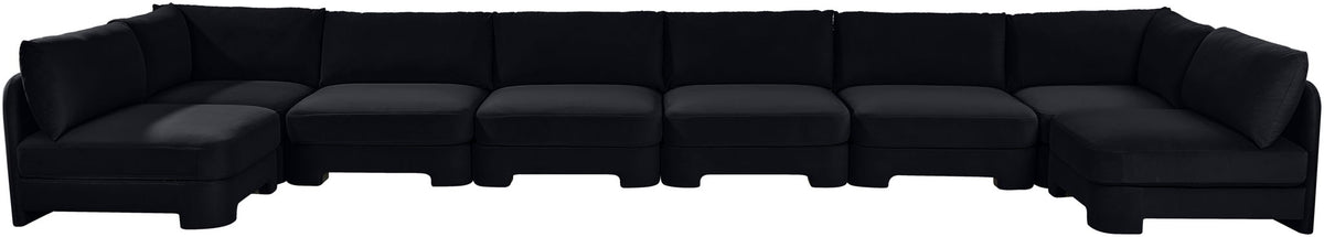 Black armless U-shaped sectional sofa with chaise modules and box cushions