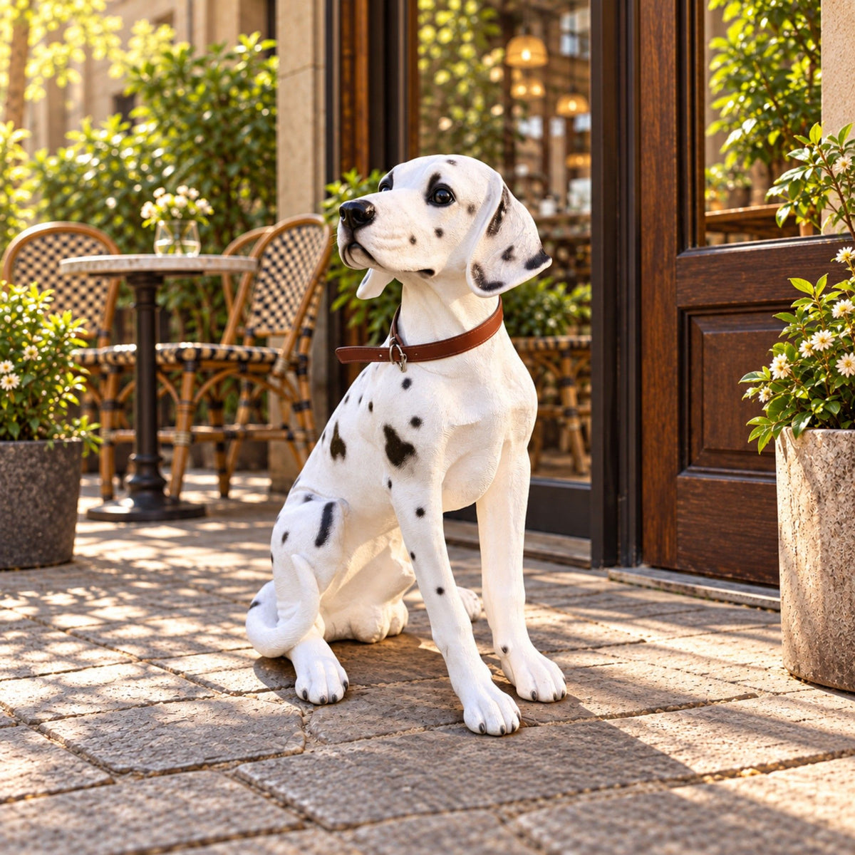 Spotted Dalmatian statue seated upright with a brown collar