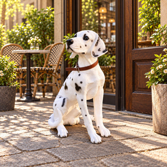 Spotted Dalmatian statue seated upright with a brown collar
