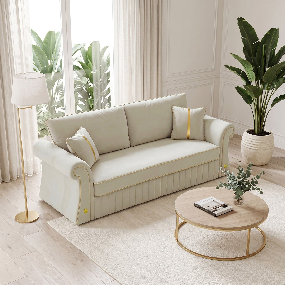 Fx-P63-Cw (Sofa)Cream Velvet Sofa For Living Room, Modern Upholstered 3 Seater Couch With Rolled Arms, Luxury Accent Sofa With Wood & Metal Frame, Comfortable Sofa For Apartment, Bedroom And Office