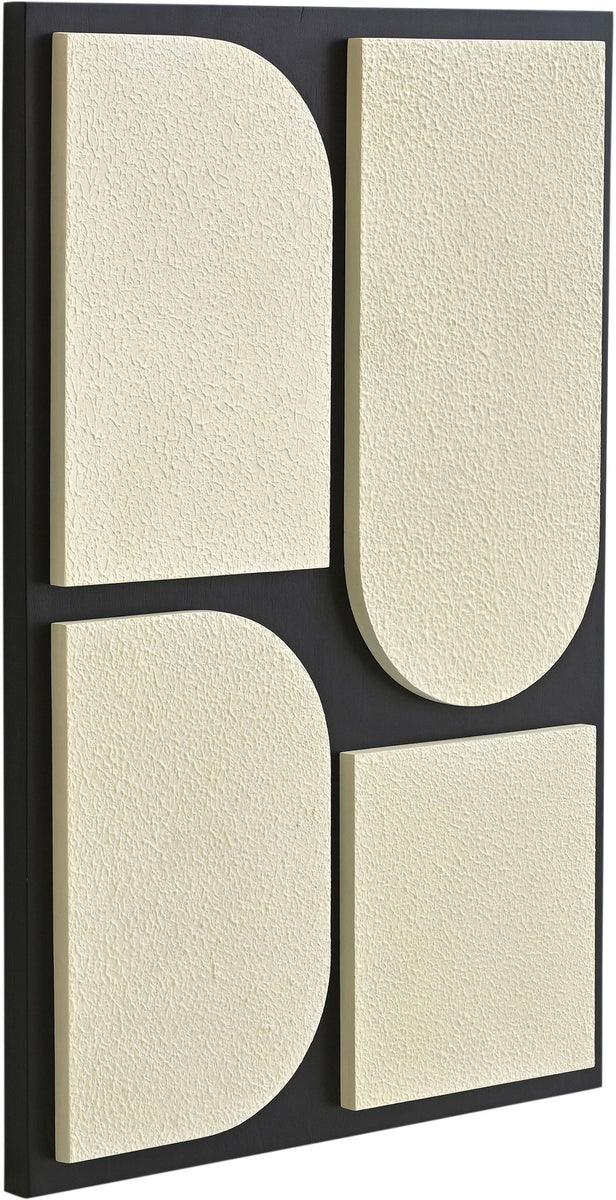Wood wall art panel with black frame and textured cream abstract cutout shapes