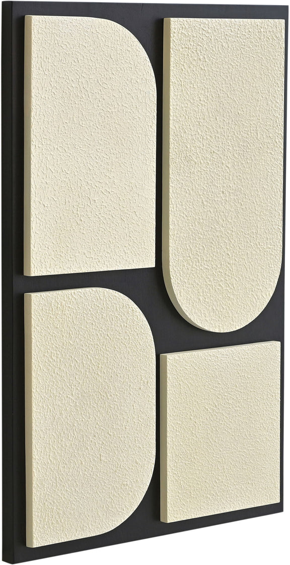 Wood wall art panel with black frame and textured cream abstract cutout shapes