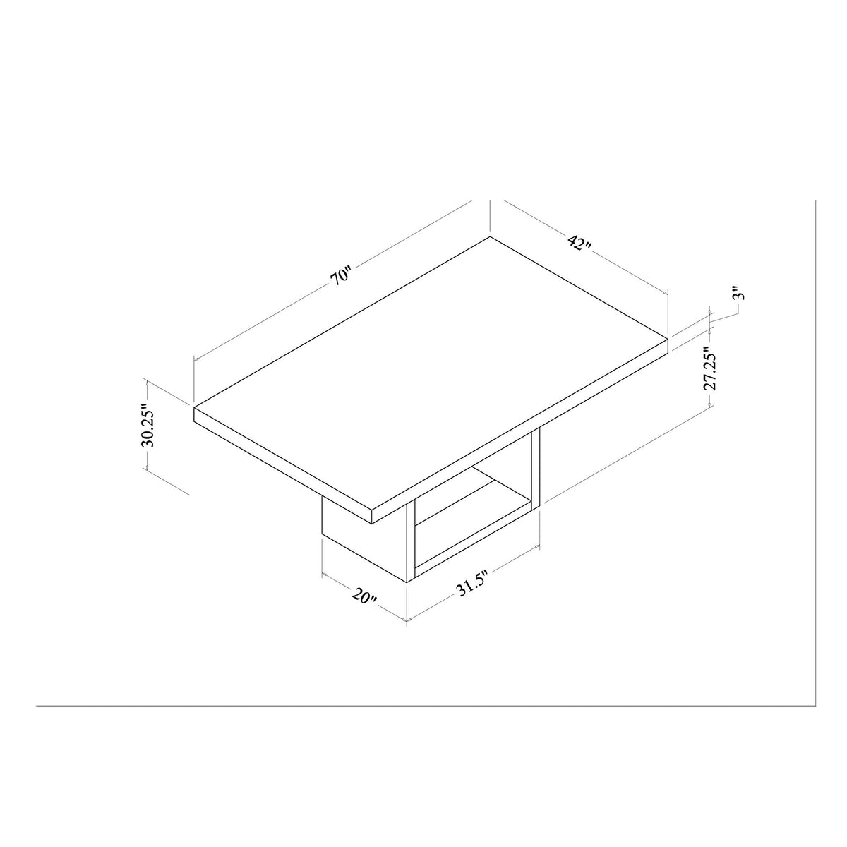 Dimension sketch of black dining table with white tabletop and pedestal base