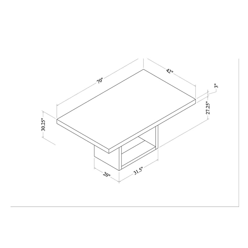 Dimension sketch of black dining table with white tabletop and pedestal base